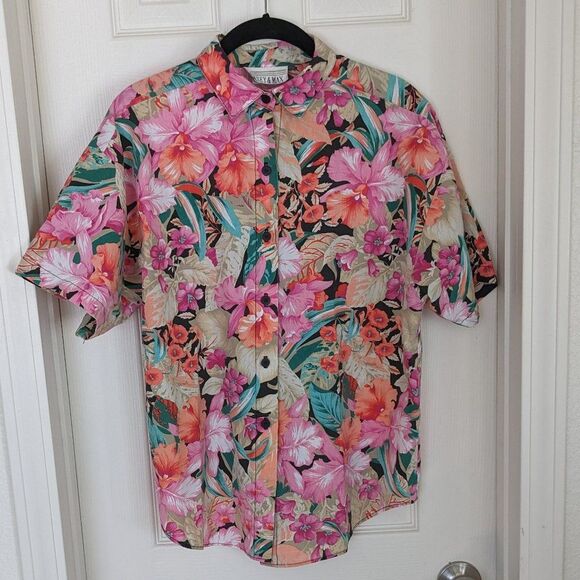 Vintage Casey & Max Tropical Floral Hawaiian Button Up - Med - Pink Hibiscus - Picture 1 of 10